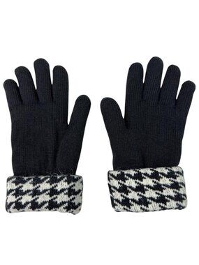 Women’s Black Knit Gloves with Houndstooth Cuffs – Fleece Lined
